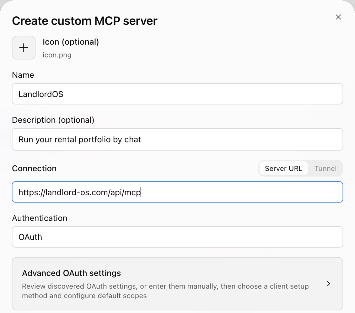 ChatGPT's Create custom MCP server dialog with the name LandlordOS and the LandlordOS server URL filled in