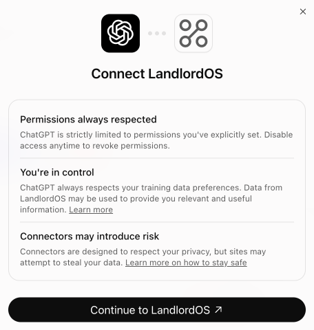 ChatGPT asking to connect LandlordOS, with a Continue to LandlordOS button