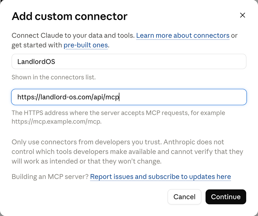 Claude's Add custom connector dialog with the name LandlordOS and the LandlordOS server URL filled in