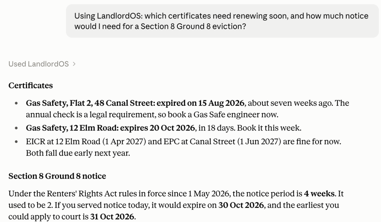 Claude answering which certificates need renewing and the Section 8 Ground 8 notice period from a LandlordOS account