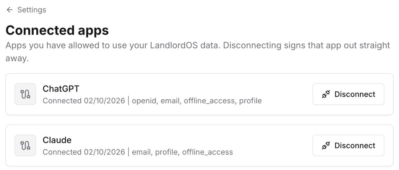 The Connected apps screen in LandlordOS Settings, listing ChatGPT with a Disconnect button