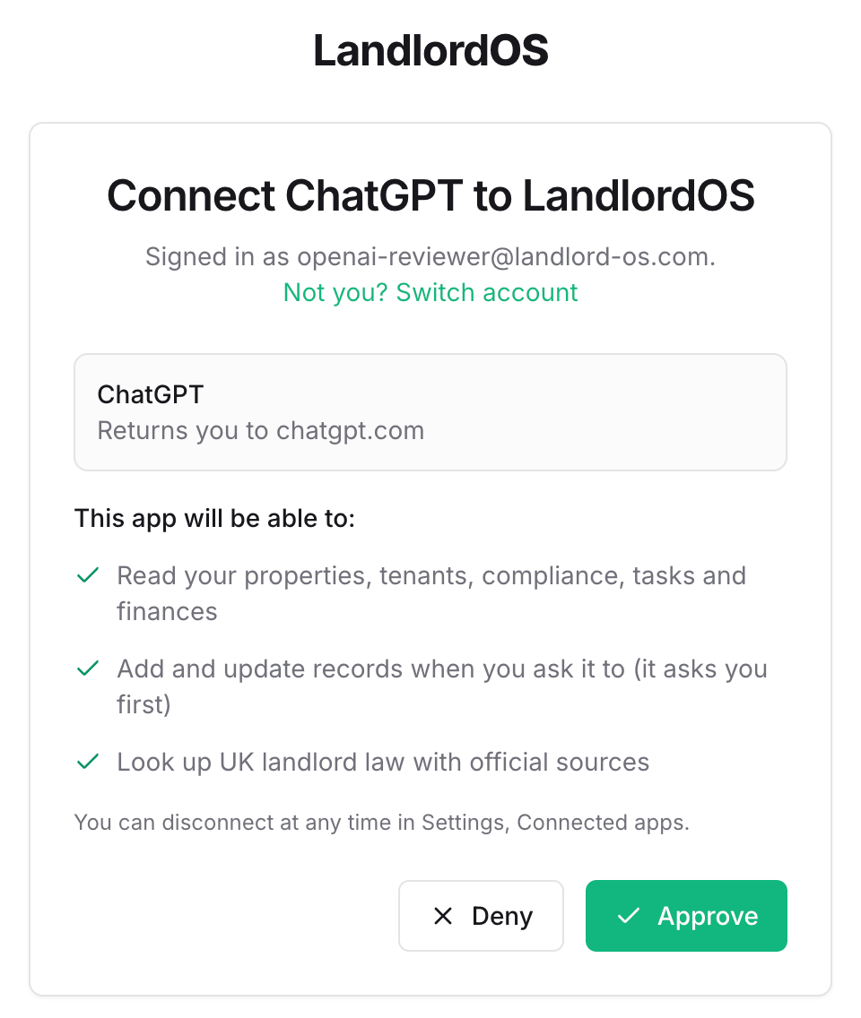 The LandlordOS approval screen: Connect ChatGPT to LandlordOS, listing what it can do, with Deny and Approve buttons