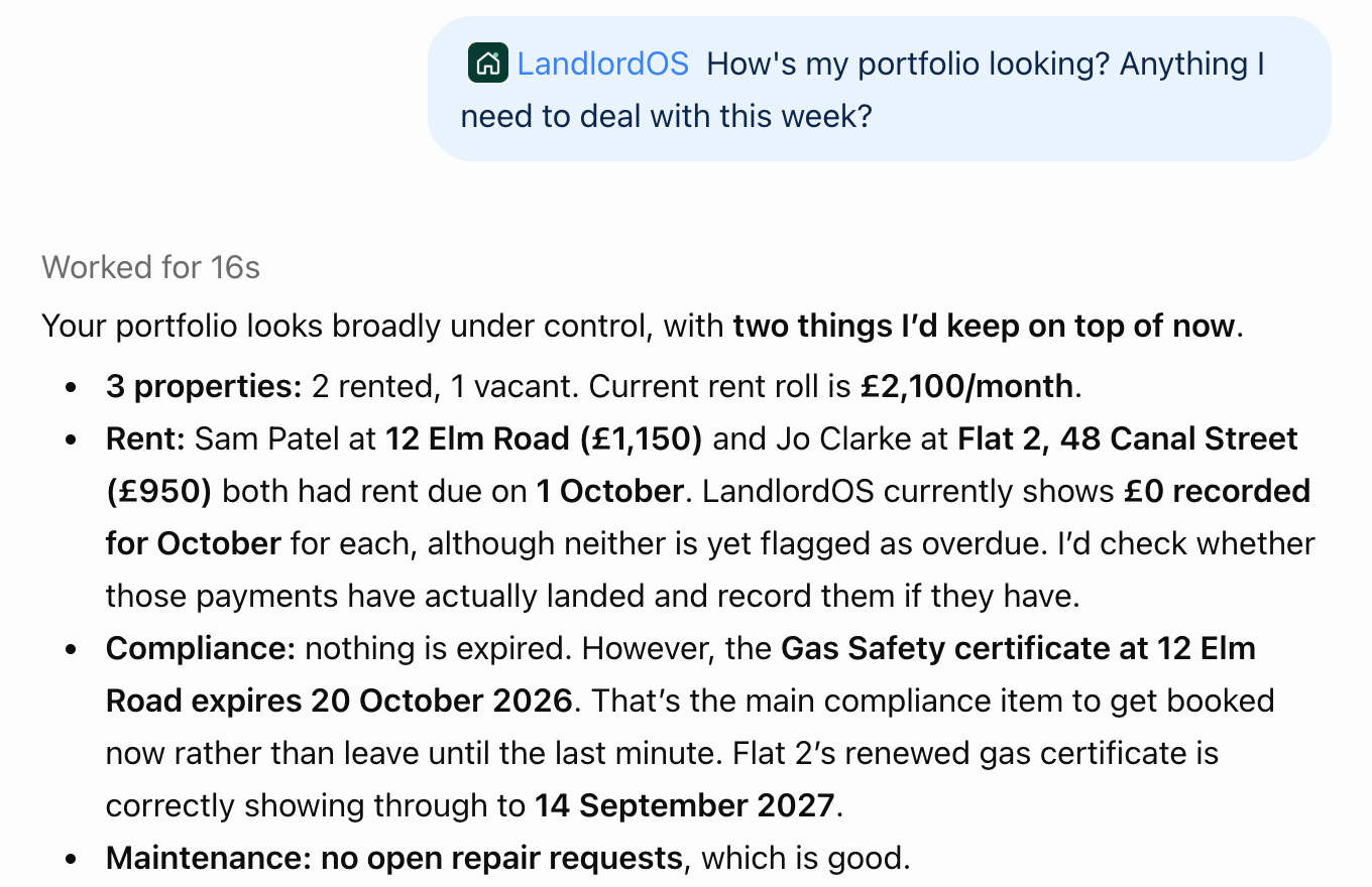 A Claude conversation where LandlordOS lists certificates due for renewal and the Section 8 Ground 8 notice period, with its legislation source